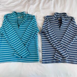 L.L. Bean 100% Cotton Teal/Blue and White 1/4 Zip Stripped Pullovers SizeMedium